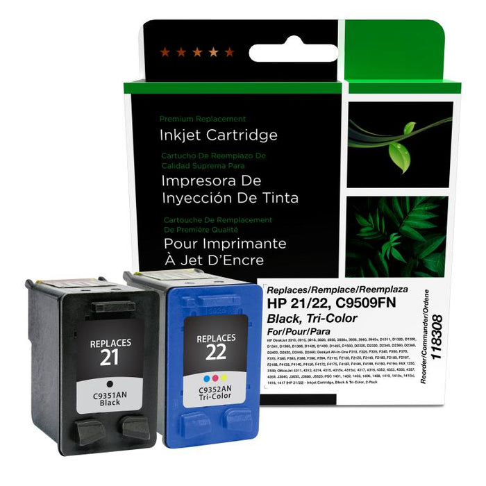 Clover Imaging Remanufactured Black, Tri-Color Ink Cartridges for HP 21/22 (C9509FN)